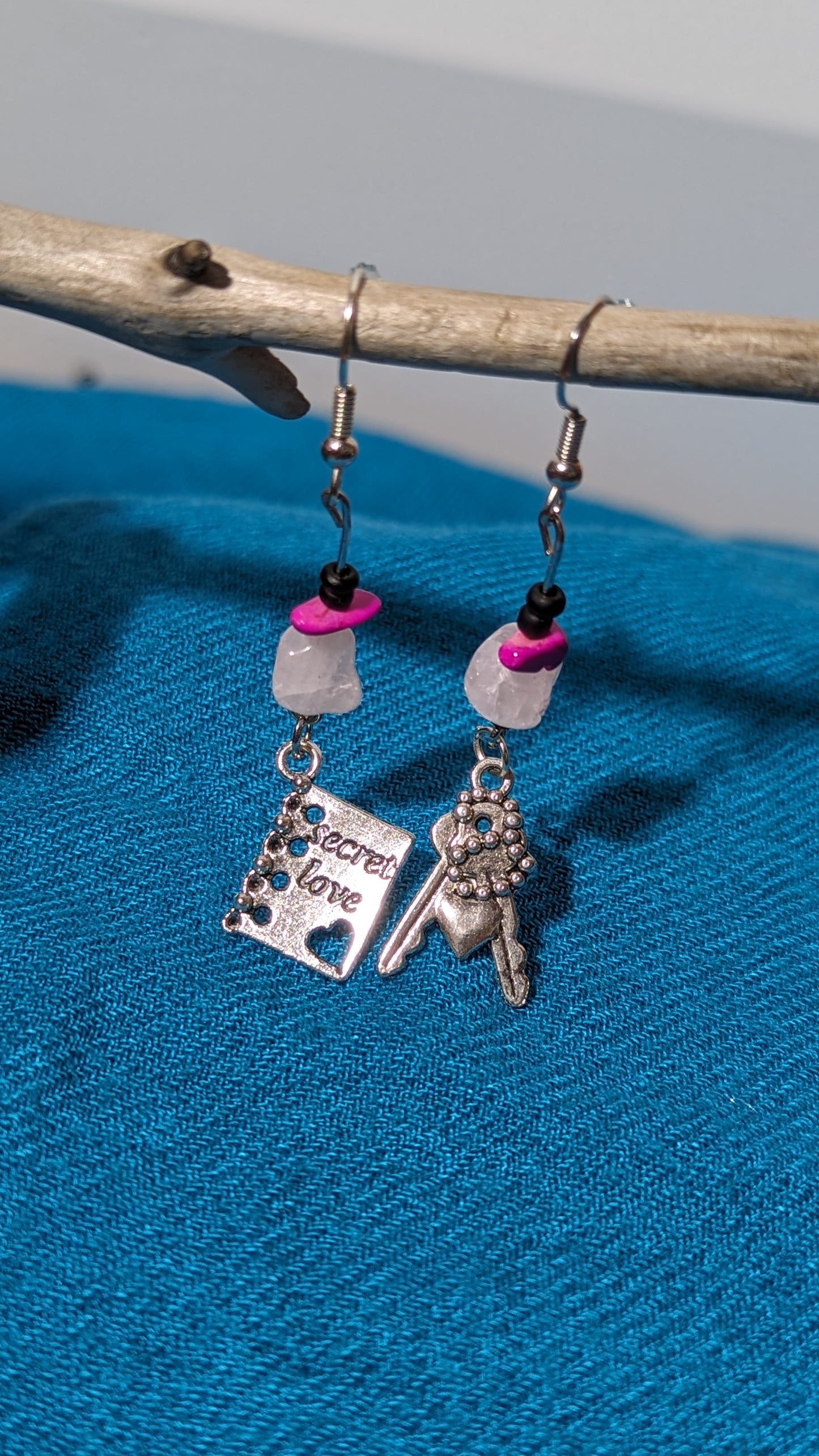 Fuchsia/White crystal bead earrings with “Secret Love” pendant