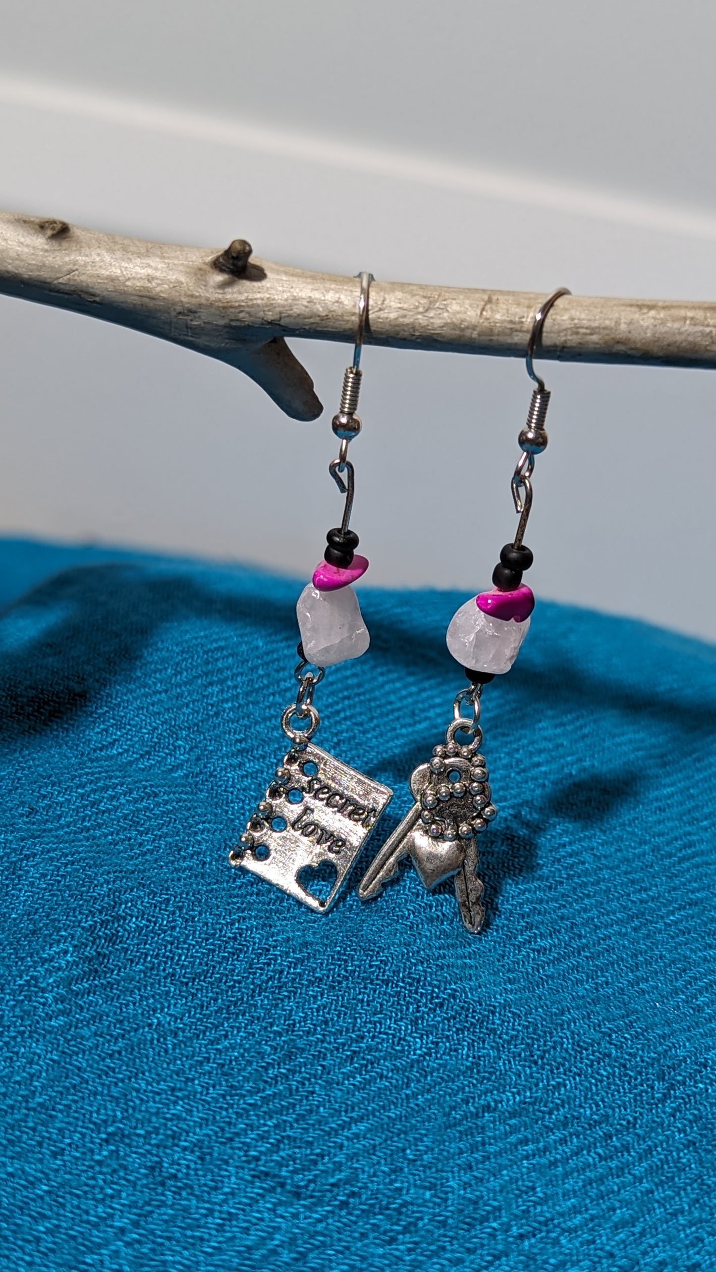 Fuchsia/White crystal bead earrings with “Secret Love” pendant