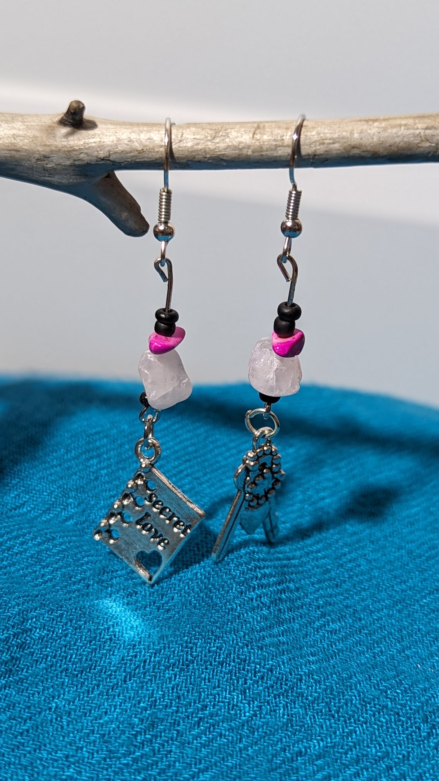 Fuchsia/White crystal bead earrings with “Secret Love” pendant