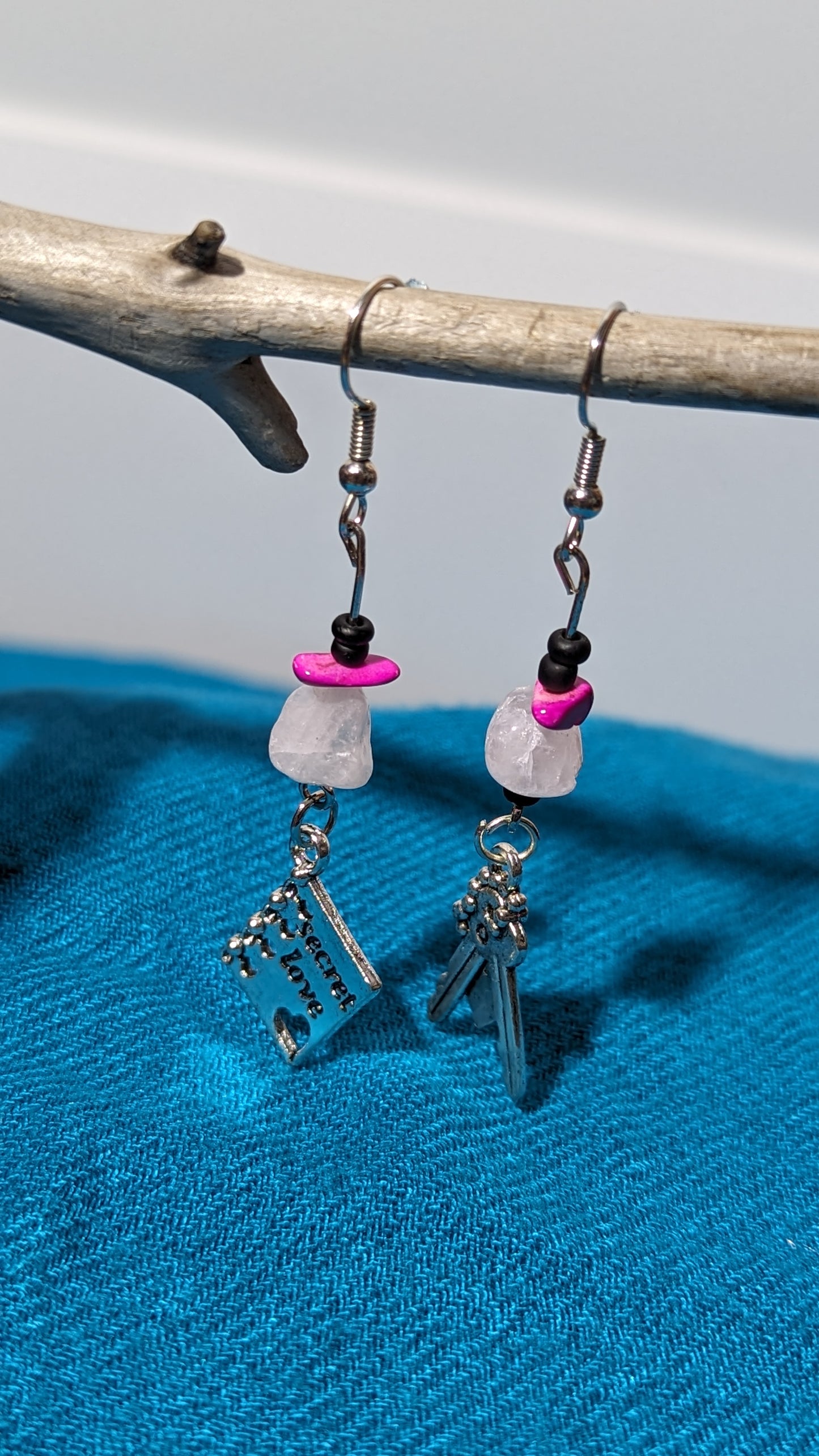 Fuchsia/White crystal bead earrings with “Secret Love” pendant