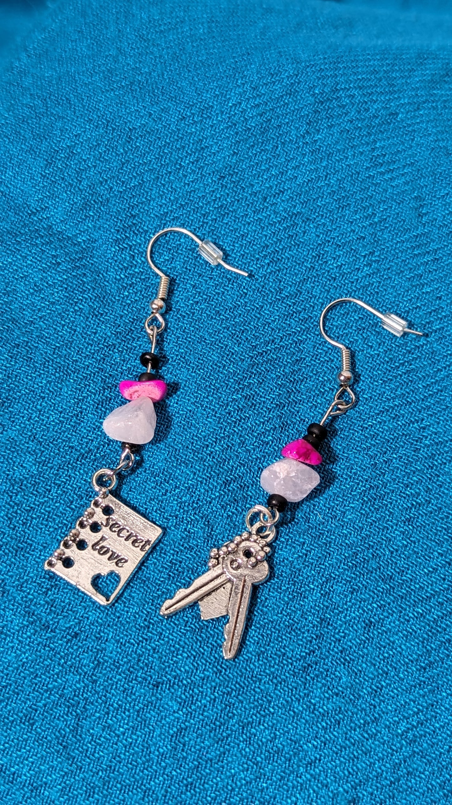 Fuchsia/White crystal bead earrings with “Secret Love” pendant