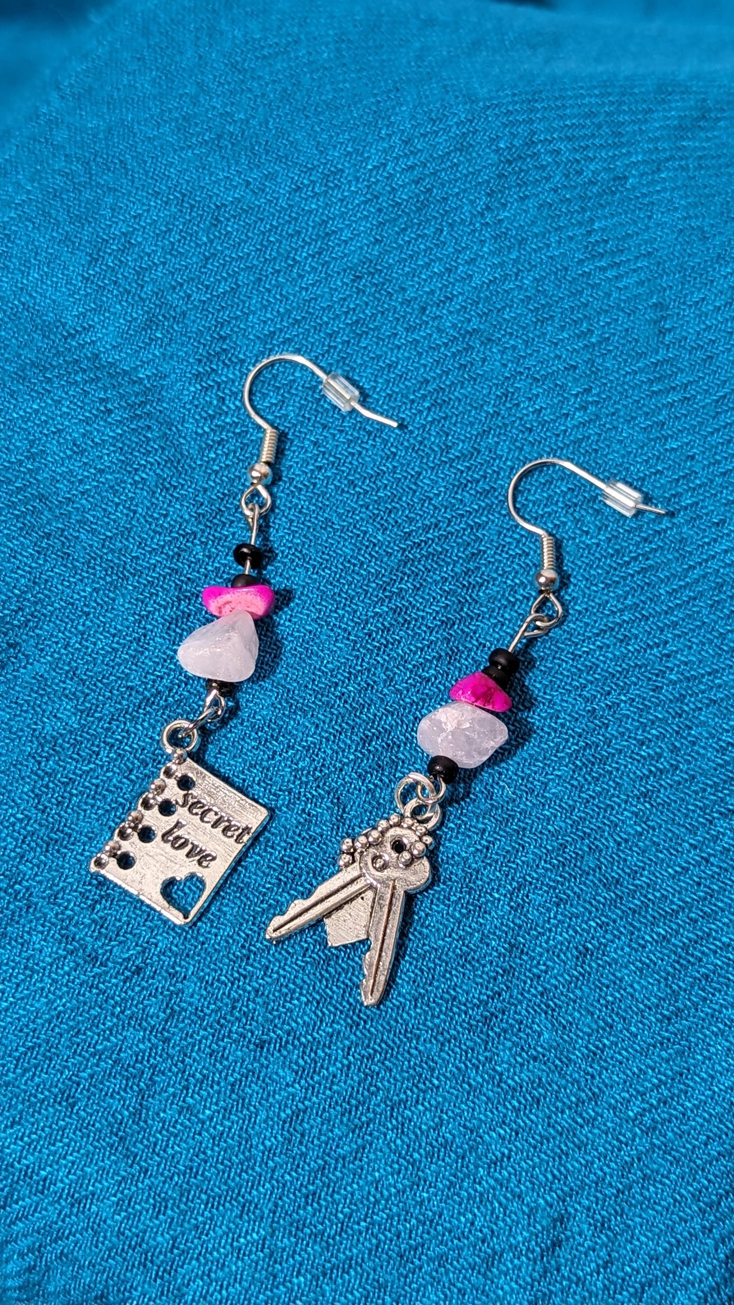 Fuchsia/White crystal bead earrings with “Secret Love” pendant