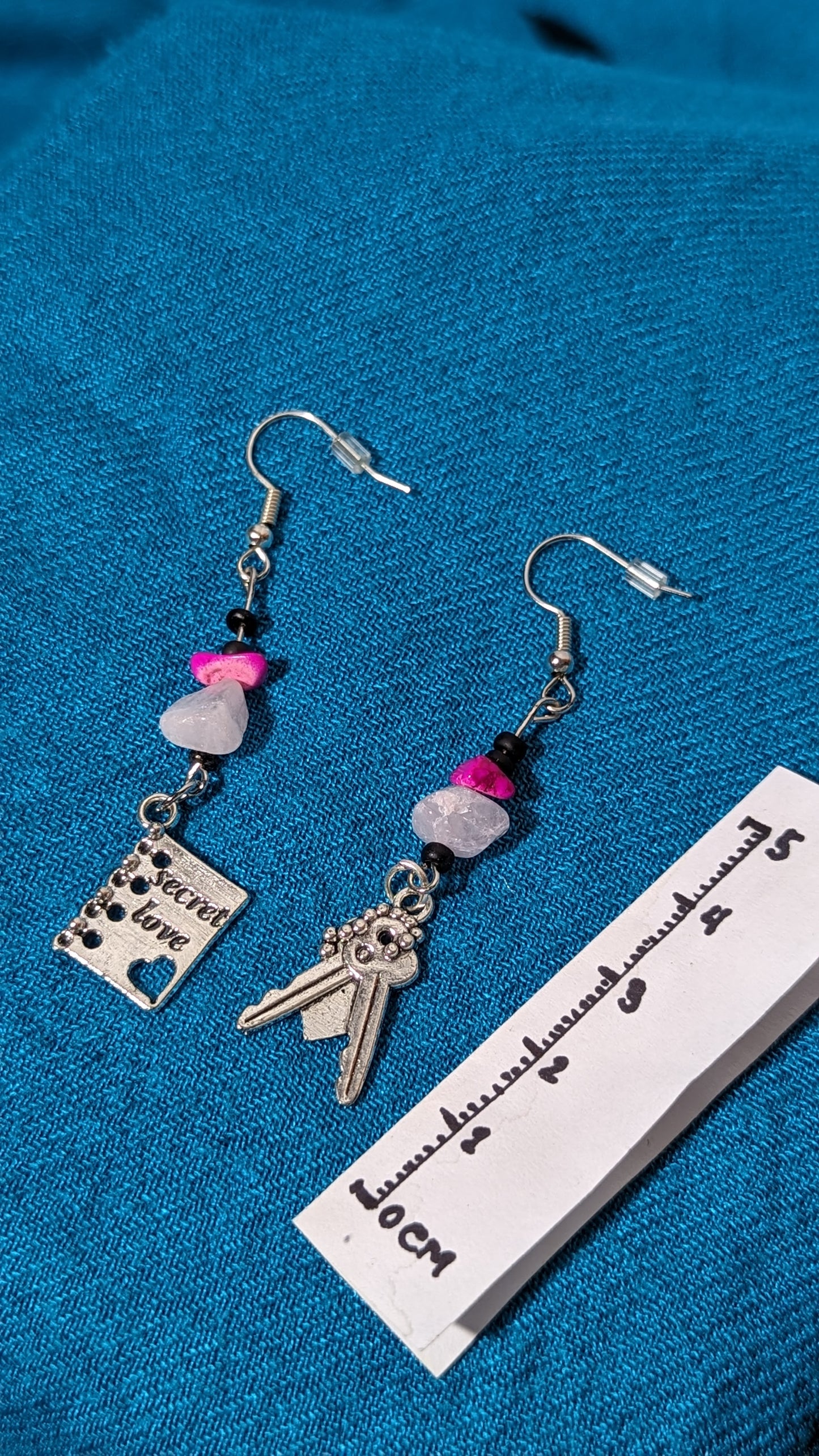 Fuchsia/White crystal bead earrings with “Secret Love” pendant