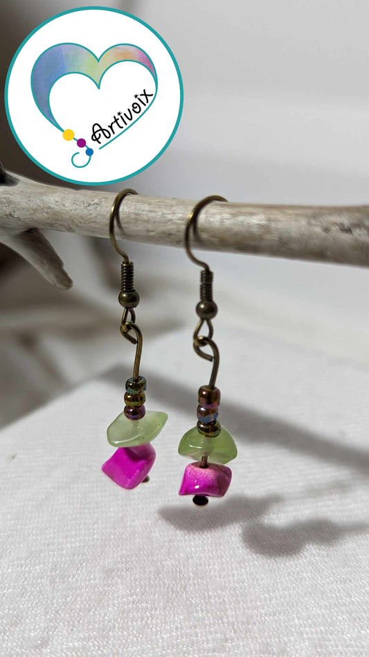 Boucles d'oreilles en perles et pierres FUSHIA/VERT/NOIR